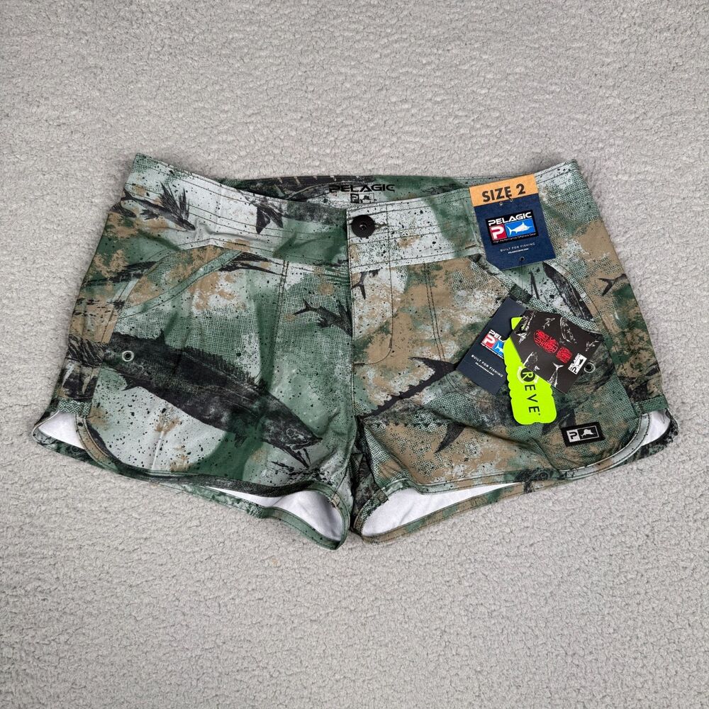Pelagic Moana Hybrid Shorts Women 2 Dwight Hwang Gyotaku Camo Fish Swim Surf NWT